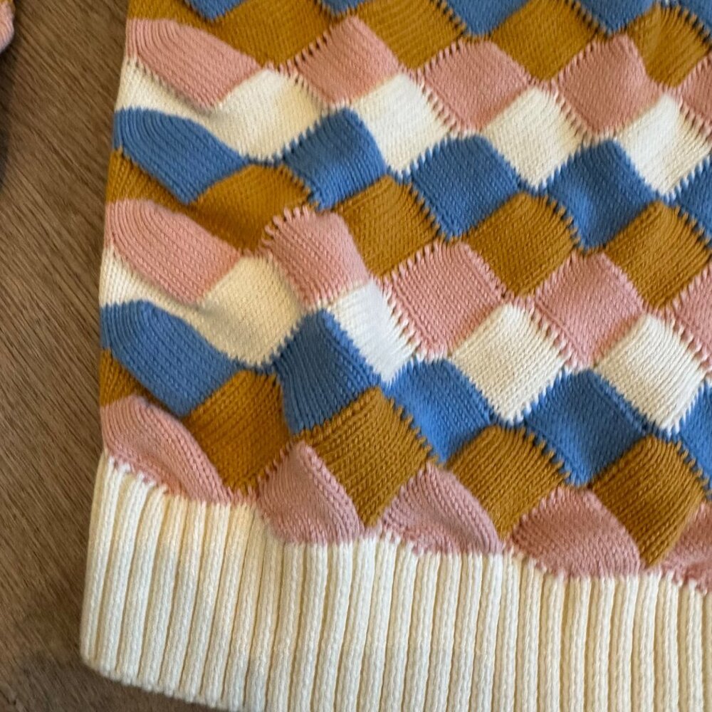 Colorful Zara Kids Argyle Sweater Size 11-12Y Cotton Blend Knit Pastel Blue/Pink - Picture 2 of 5